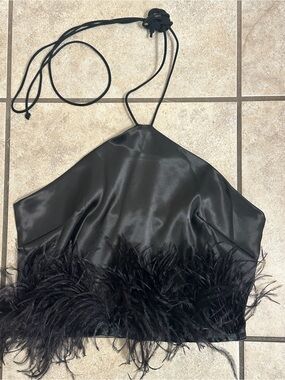 SHEIN Black Satin Halter Crop Top with Feather Hem